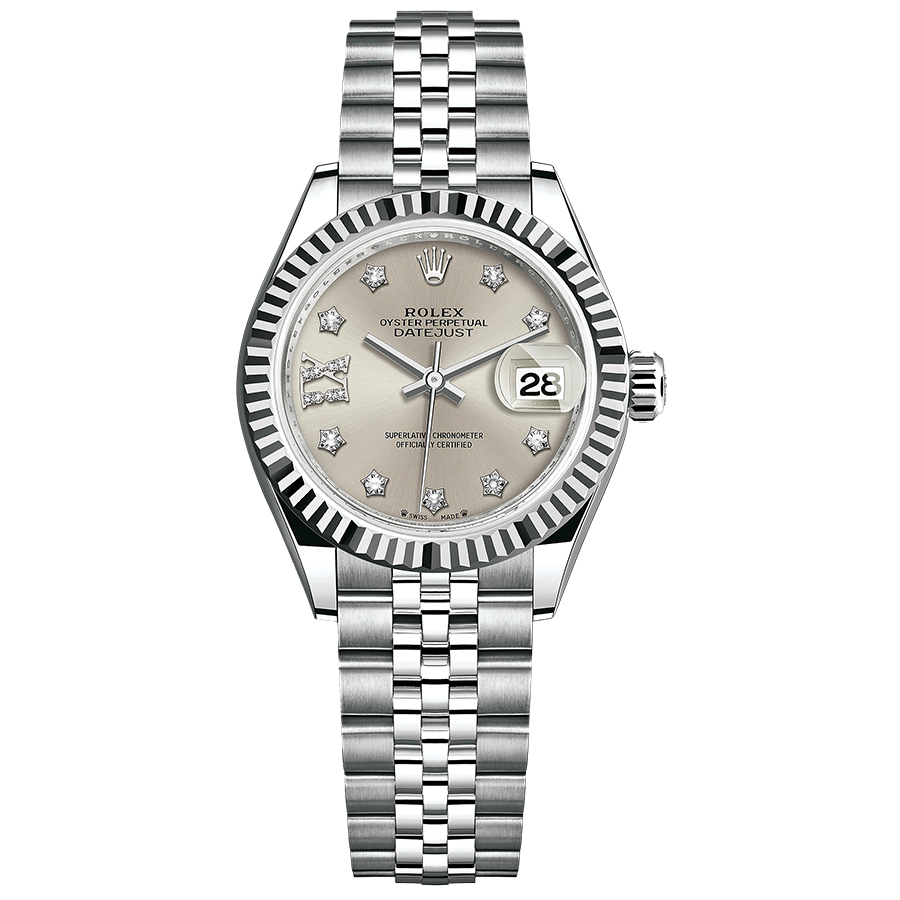 Rolex Lady-Datejust Silver Diamond Star Dial Fluted Bezel 28mm 279174