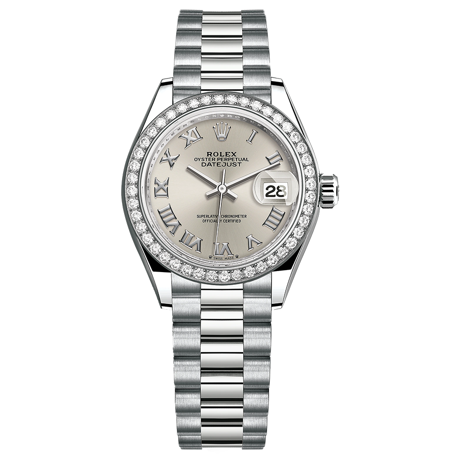 Rolex Lady-Datejust Silver Roman Numeral Dial Diamond Bezel 28mm 279139RBR