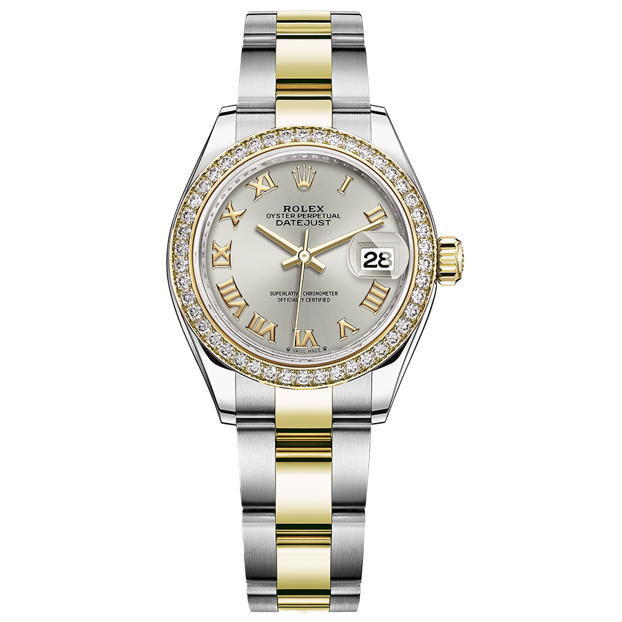 Rolex Lady-Datejust Silver Roman Numeral Dial Diamond Bezel 28mm 279383RBR