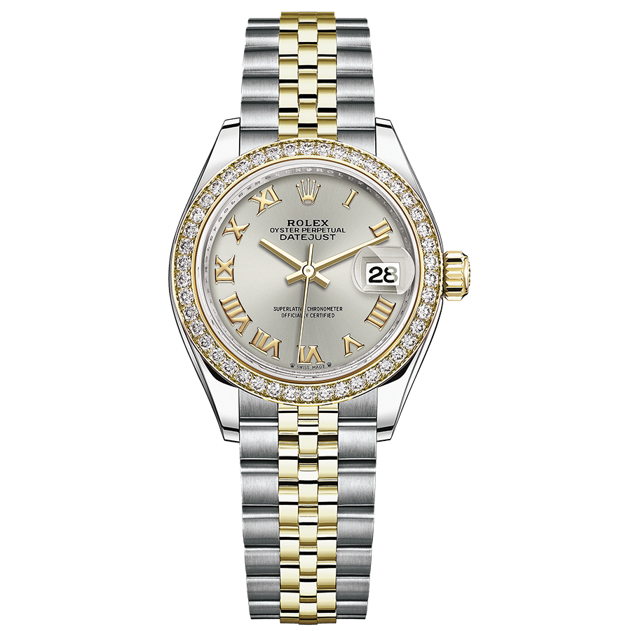 Rolex Lady-Datejust Silver Roman Numeral Dial Diamond Bezel 28mm 279383RBR