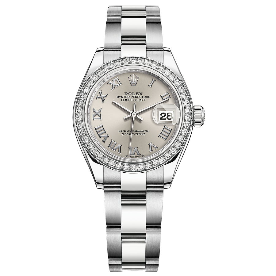 Rolex Lady-Datejust Silver Roman Numeral Dial Diamond Bezel 28mm 279384RBR