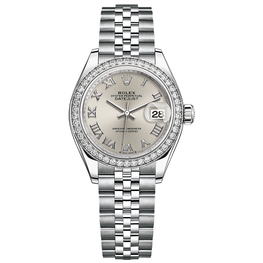 Rolex Lady-Datejust Silver Roman Numeral Dial Diamond Bezel 28mm 279384RBR