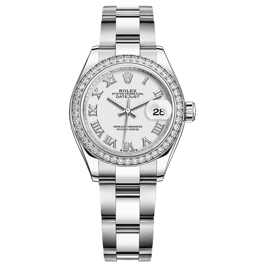 Rolex Lady-Datejust White Roman Numeral Dial Diamond Bezel 28mm 279384RBR