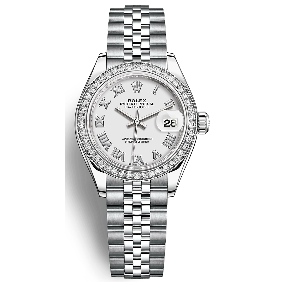 Rolex Lady-Datejust White Roman Numeral Dial Diamond Bezel 28mm 279384RBR