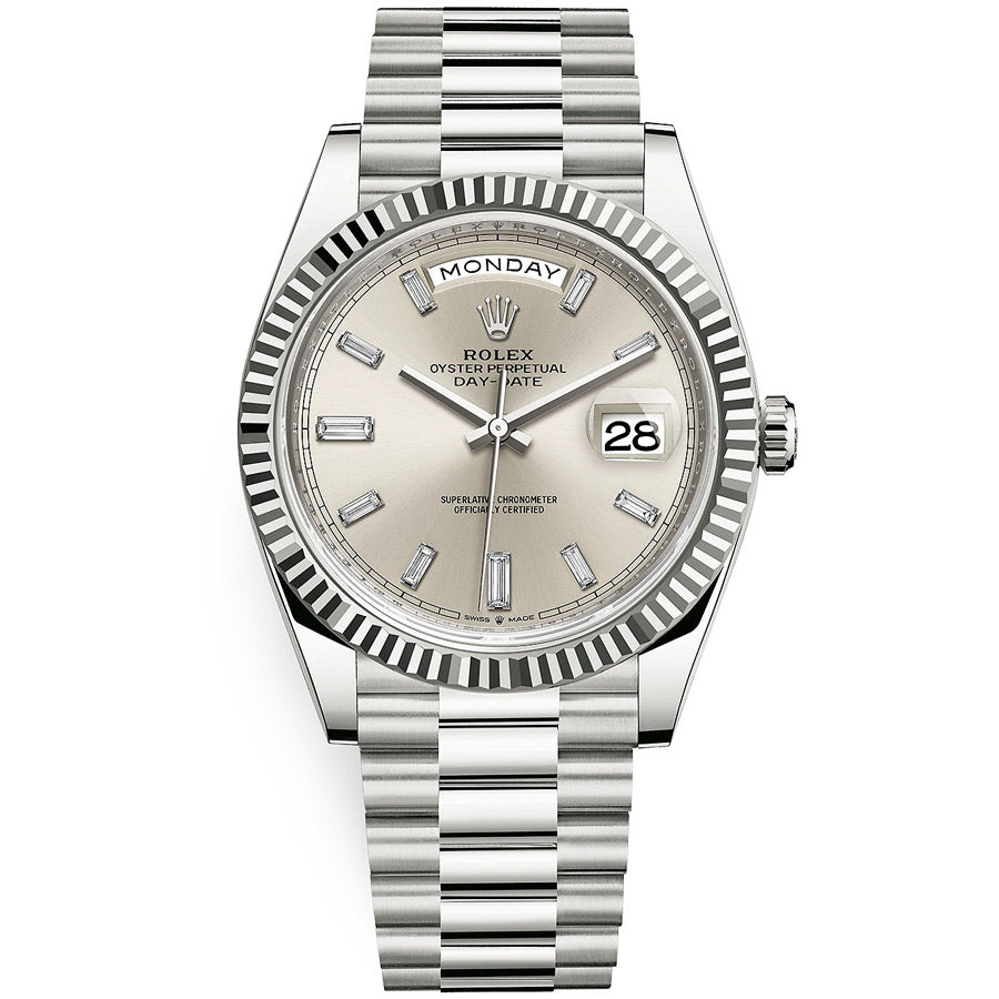 Rolex Day-Date 40 Presidential 228239 Fluted Bezel Baguette Diamond Silver Dial