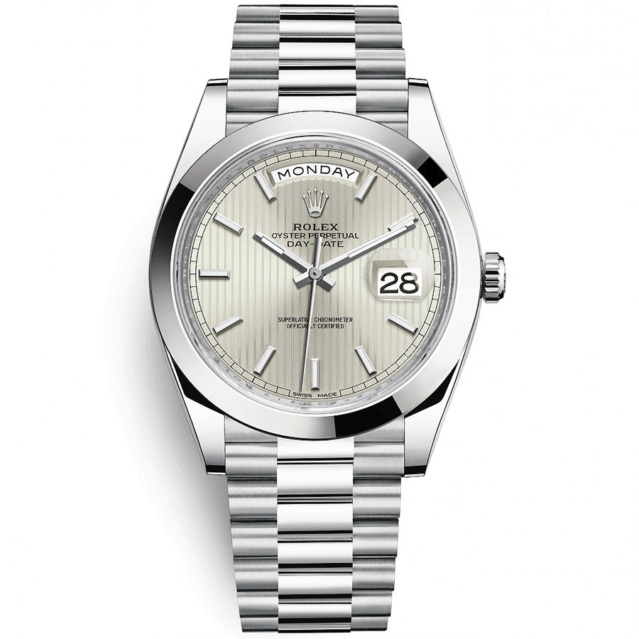 Rolex Day-Date 40 Platinum Presidential 228206 Smooth Bezel Silver Stripe Motif Dial