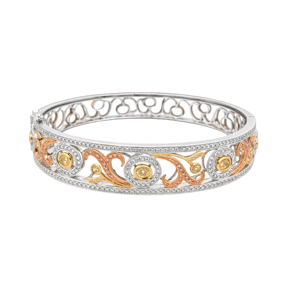 Tri-Tone Gold Filigree Diamond Bangle with Yellow Diamond Accents