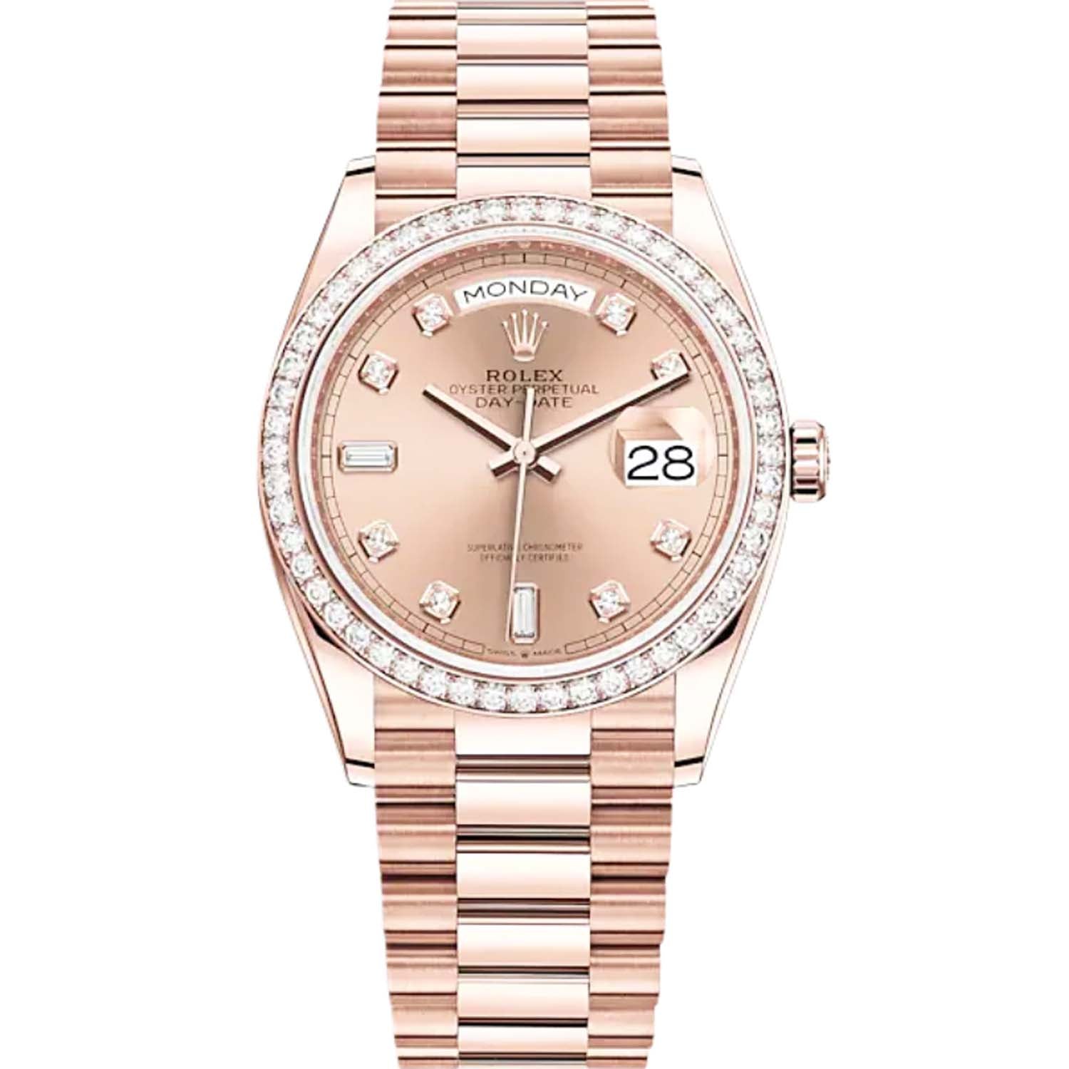 Rolex Day-Date 36 Rose Gold Diamond Bezel Rosé Diamond Dial 128345RBR