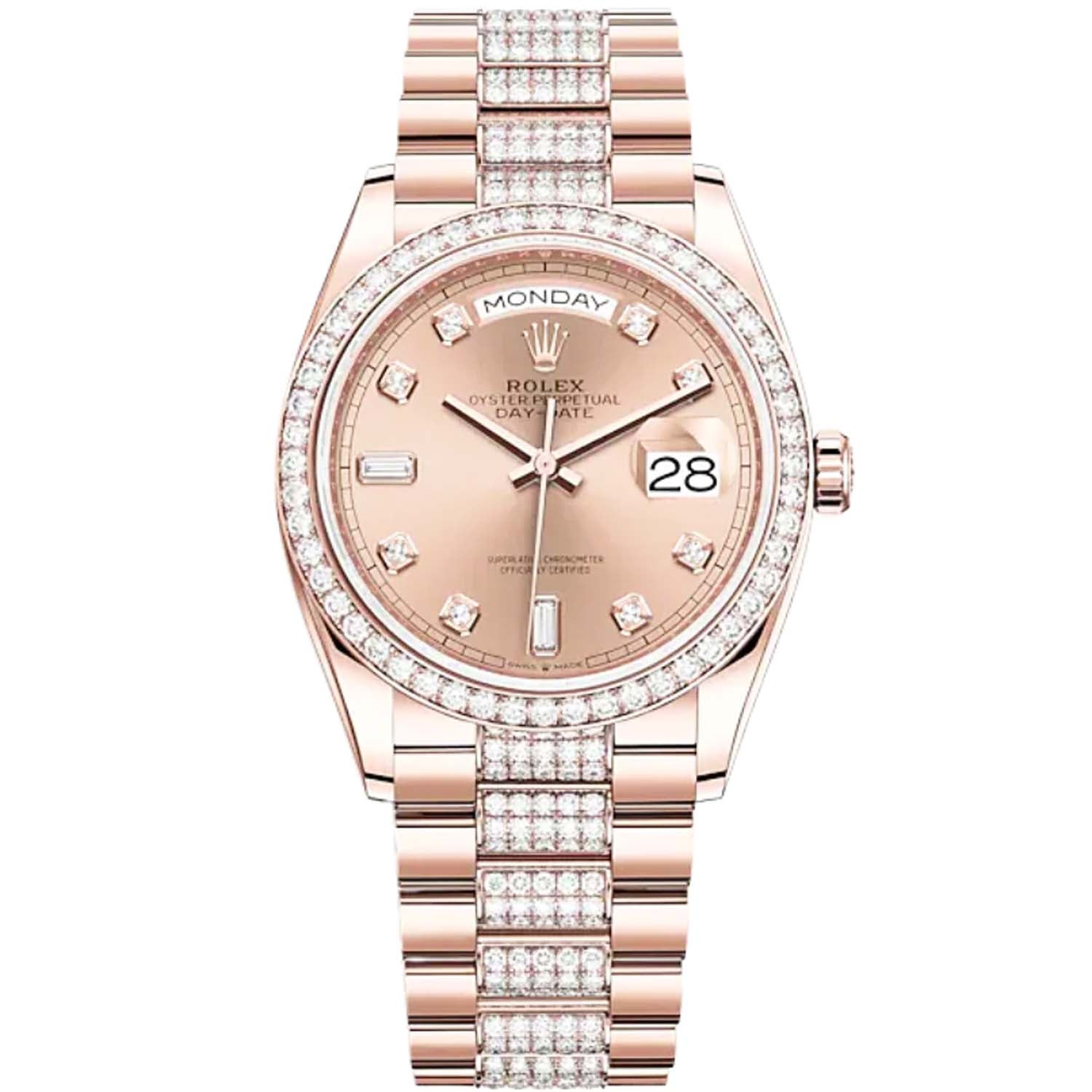 Rolex Day-Date 36 Rose Gold Diamond Bezel Rose Diamond Dial 128345RBR