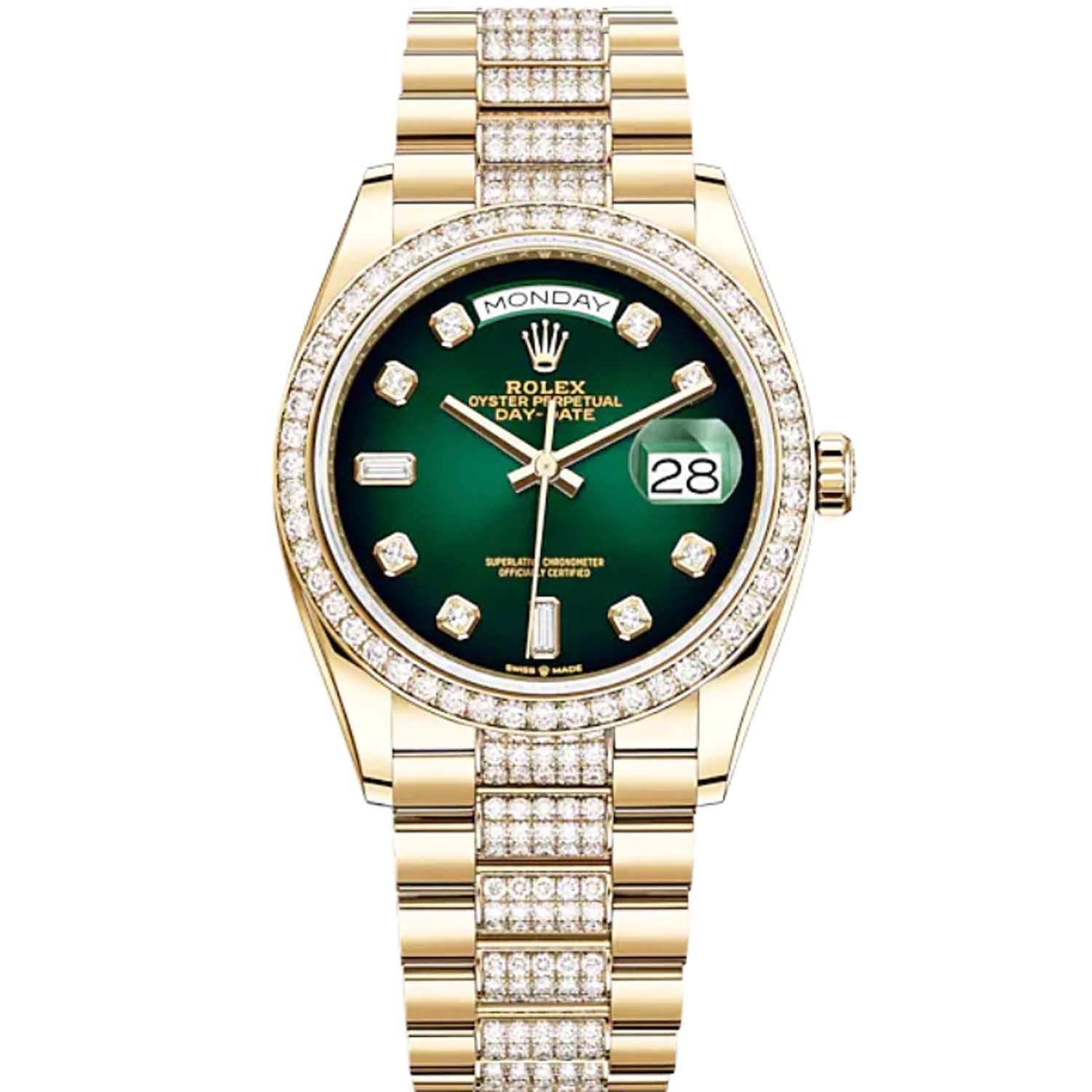 Rolex Day-Date 36 Yellow Gold Diamond Bezel Green Diamond Dial 128348RBR