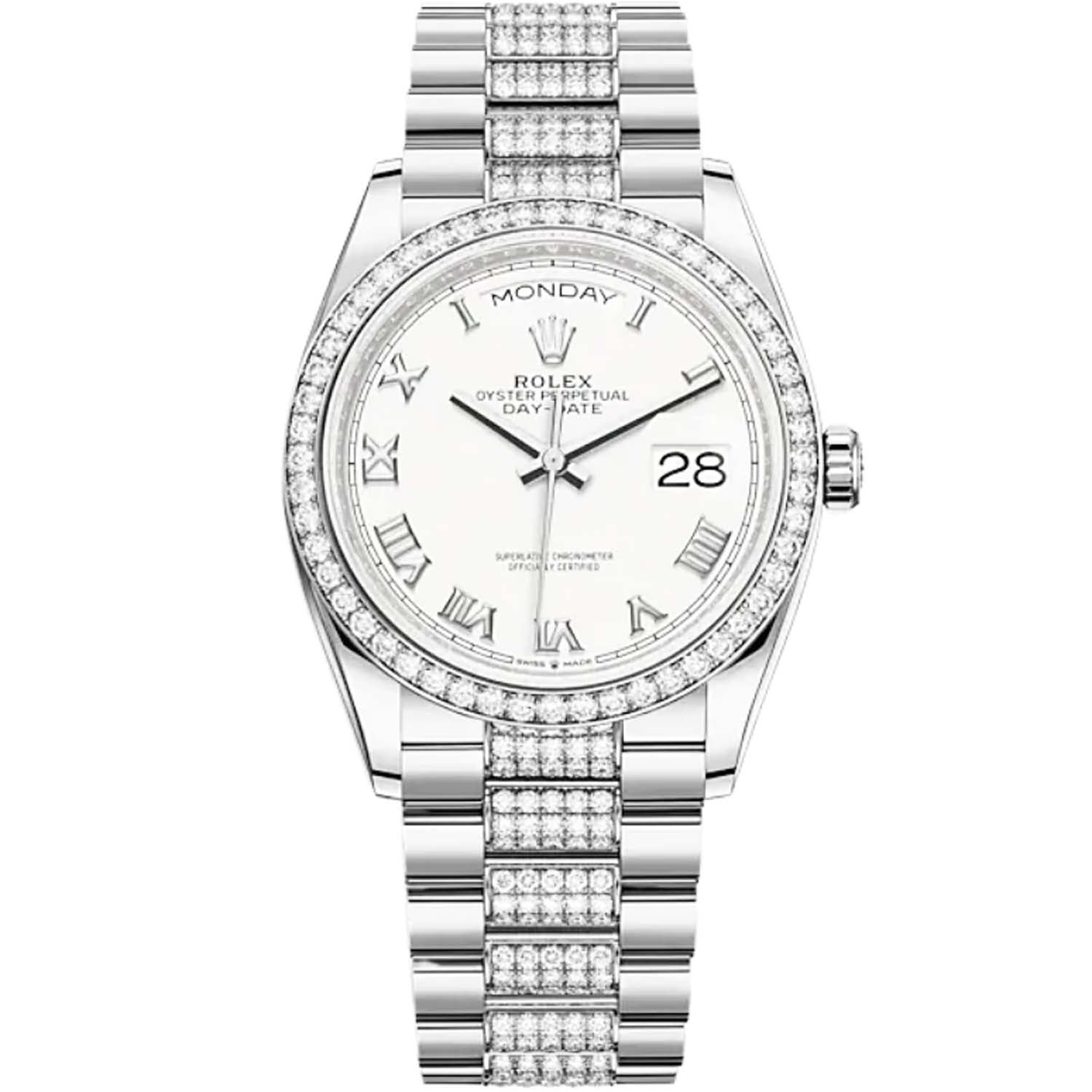 Rolex Day-Date 36 White Gold Diamond Bezel White Dial 128349RBR