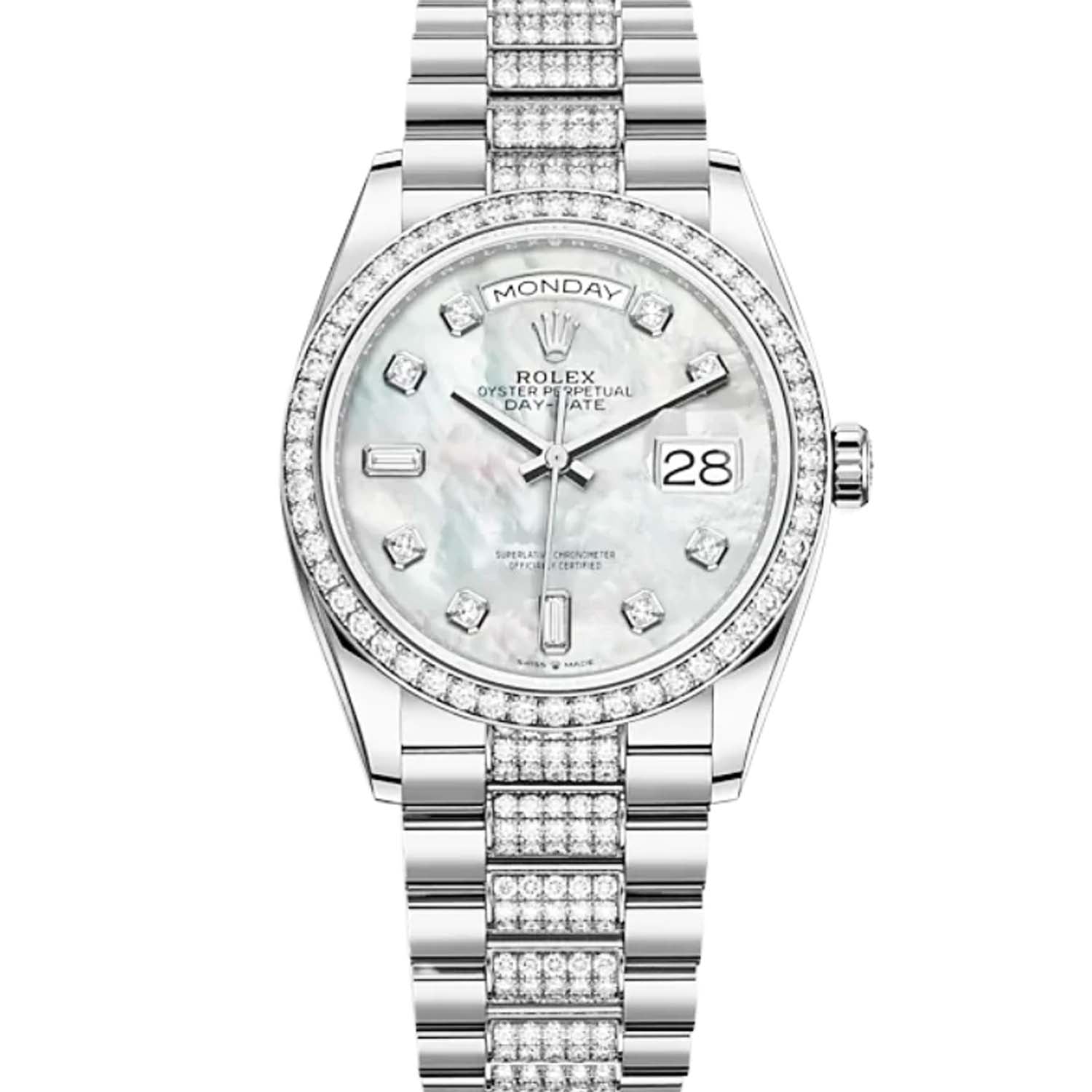 Rolex Day-Date 36 White Gold Diamond Bezel MOP Diamond Dial 128349RBR