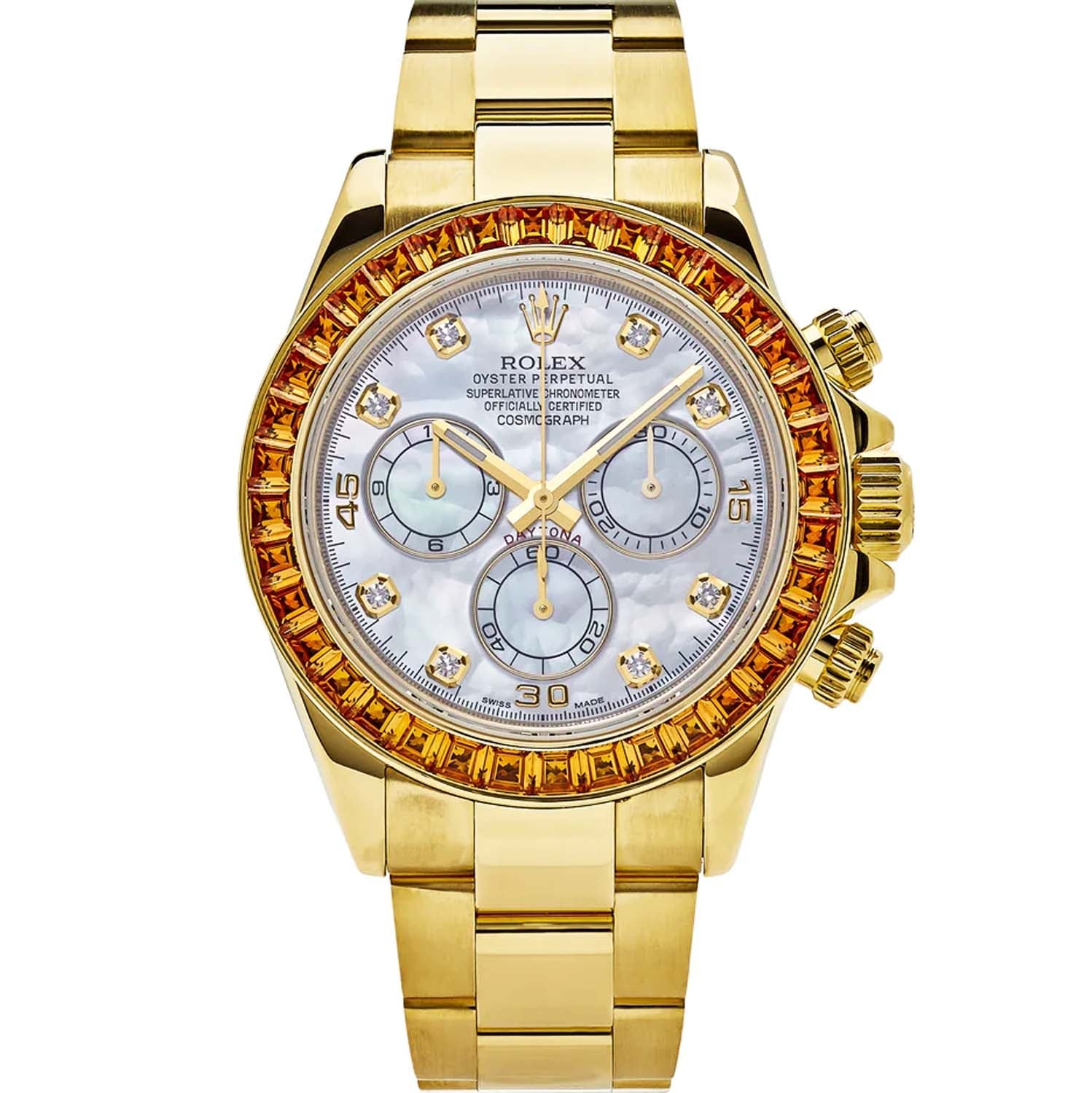 Rolex Daytona Yellow Gold Orange Sapphire Bezel MOP 116578SACO