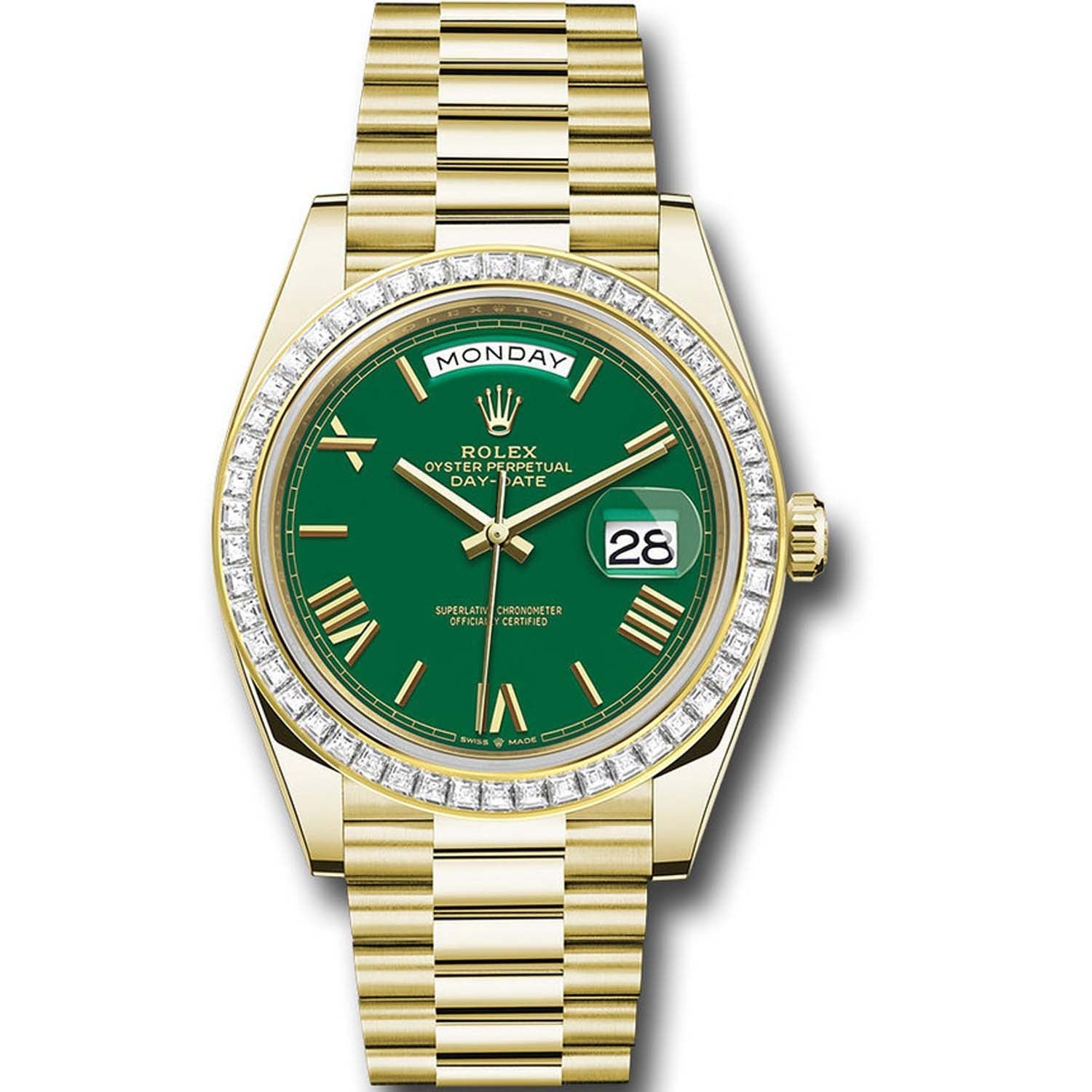 Rolex Day-Date 40mm Baguette Diamond Bezel 228398TBR Yellow Gold Green Roman Dial