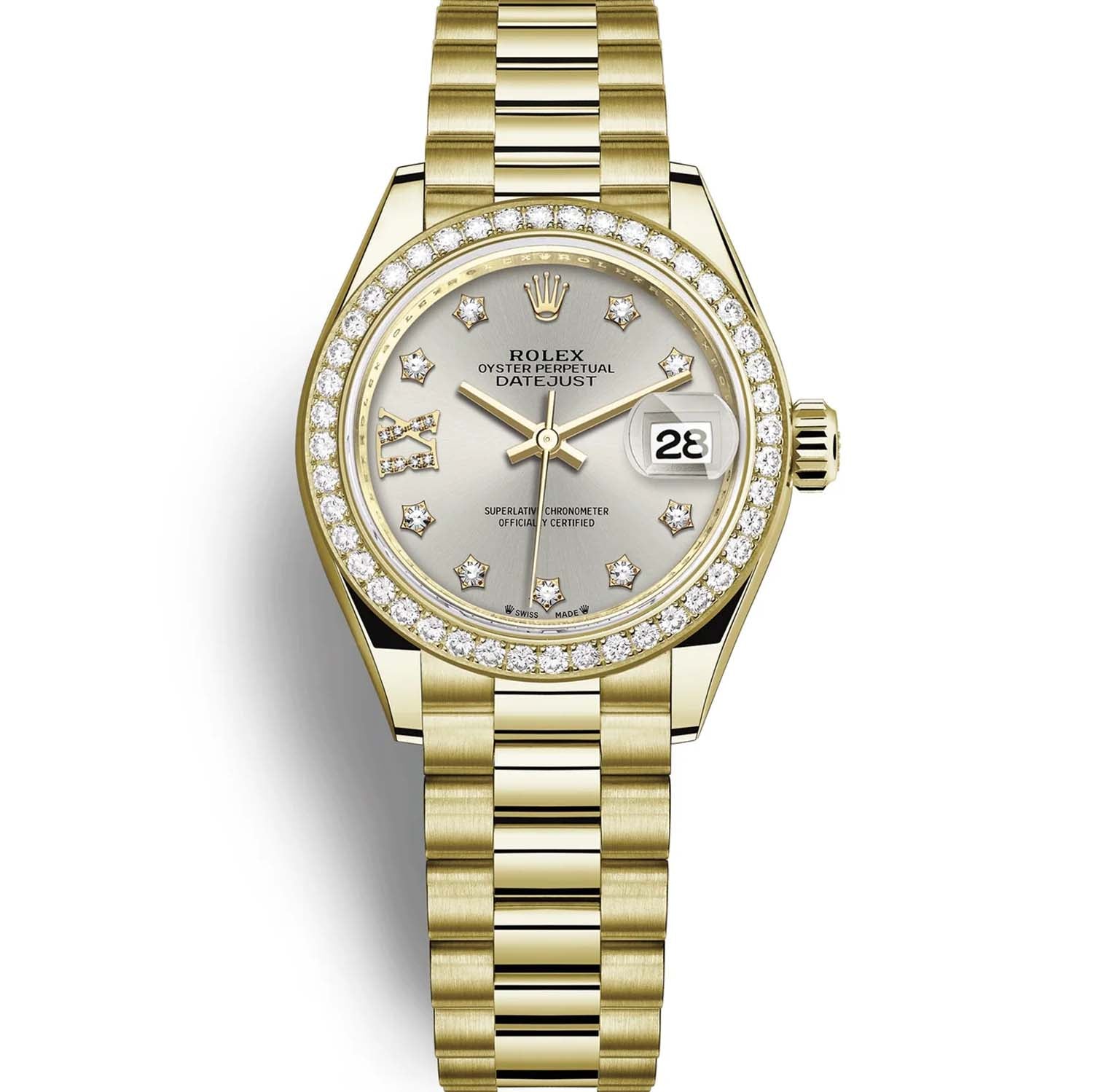 Rolex Lady-Datejust 28mm Diamond Silver Dial Diamond Bezel Presidential 279138RBR