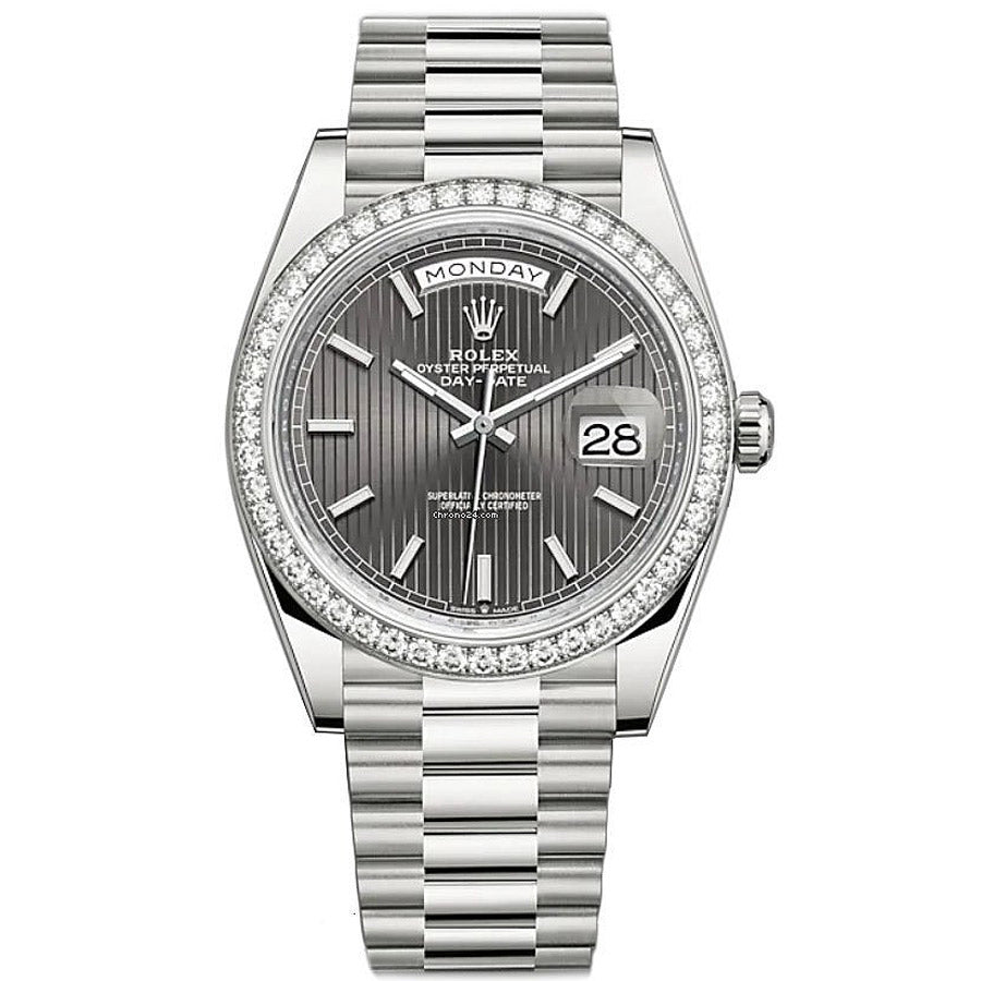 Rolex Day-Date 40 Presidential 228349 Diamond Bezel Dark Rhodium Stripe Motif Dial