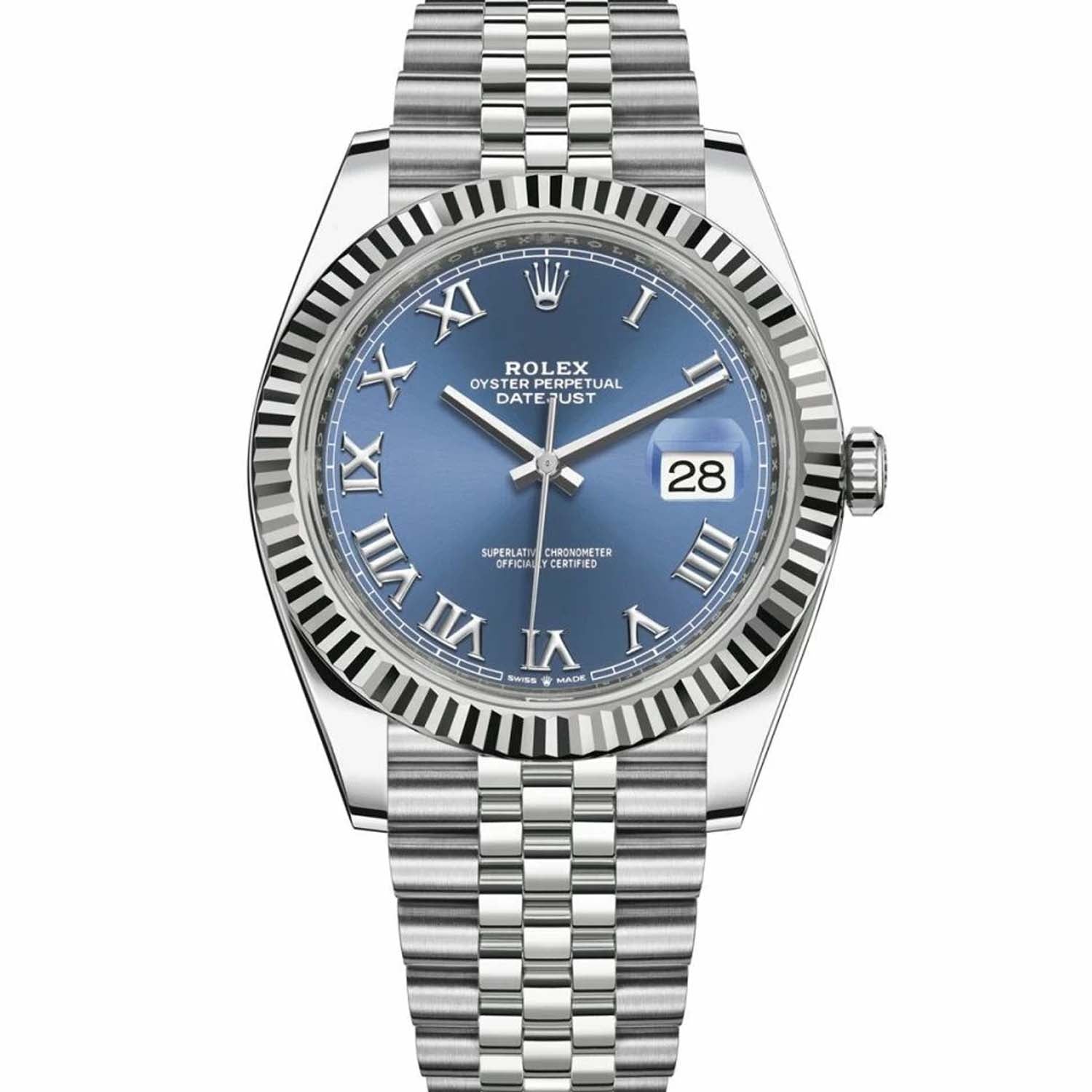 Rolex Datejust 41mm Azzurro Blue Roman Numeral Dial Fluted Bezel 126334