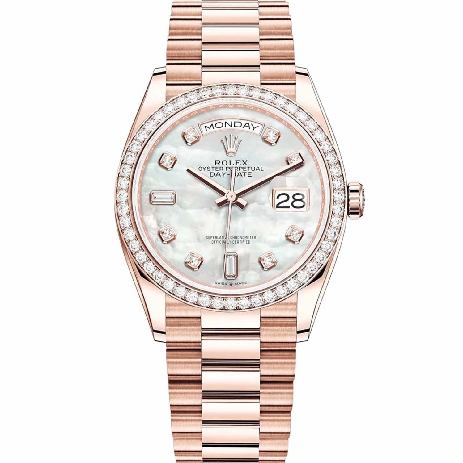 Rolex Day-Date 36 Rose Gold Diamond Bezel MOP Diamond Dial 128345RBR