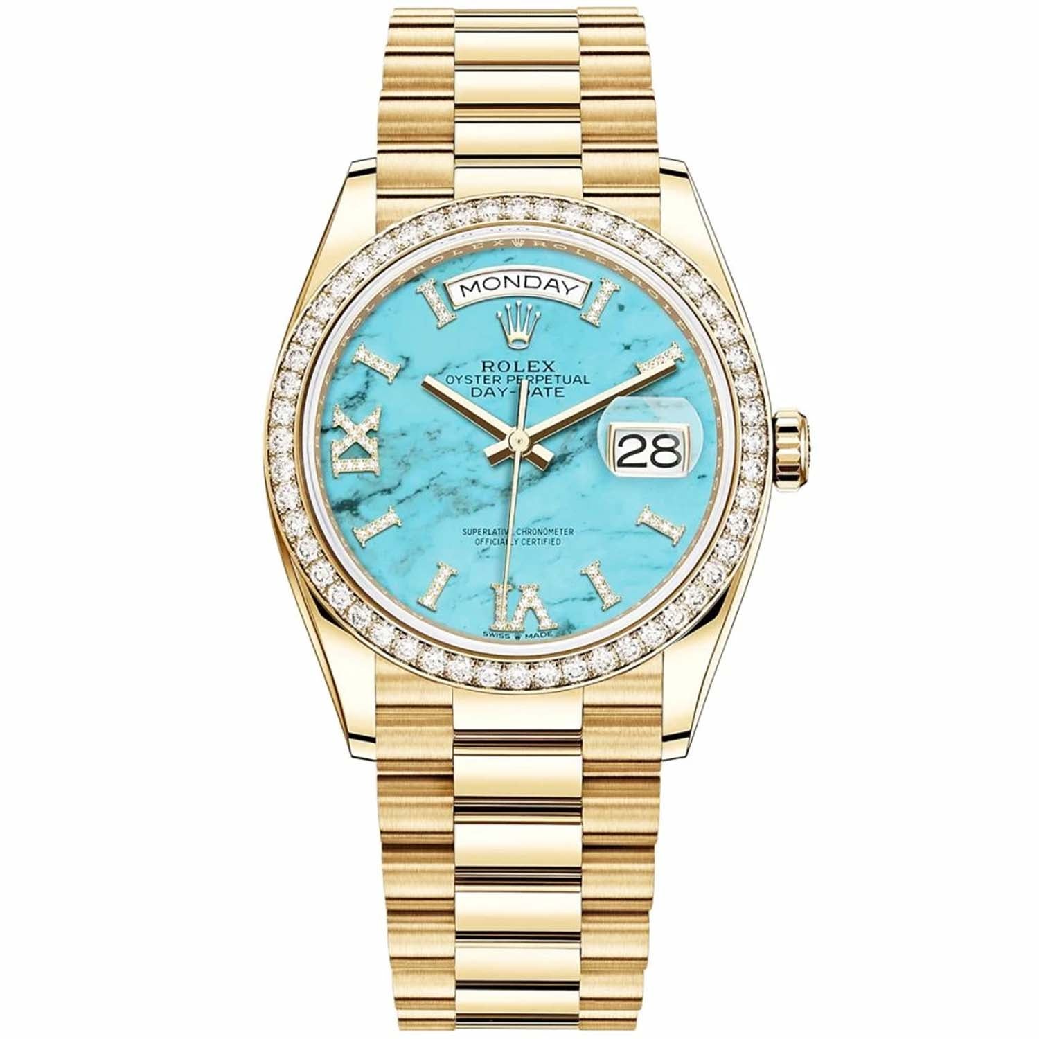 Rolex Day-Date 36 Yellow Gold Diamond Bezel Turquoise Diamond Dial 128348RBR