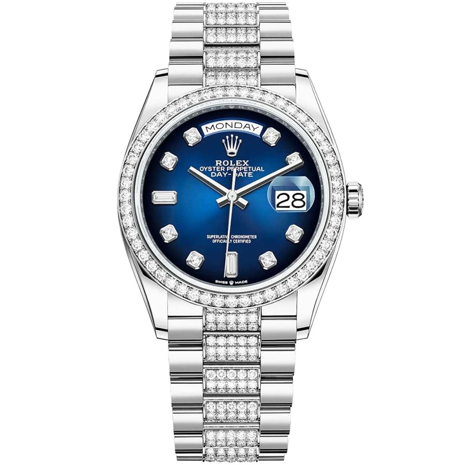 Rolex Day-Date 36 White Gold Diamond Bezel Blue Diamond Dial 128349RBR