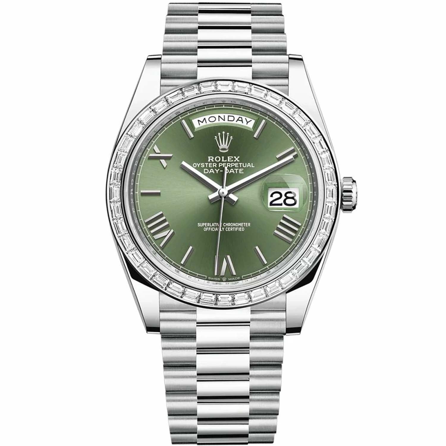 Rolex Day-Date 40 Platinum Olive Green Dial Diamond Bezel 228396TBR