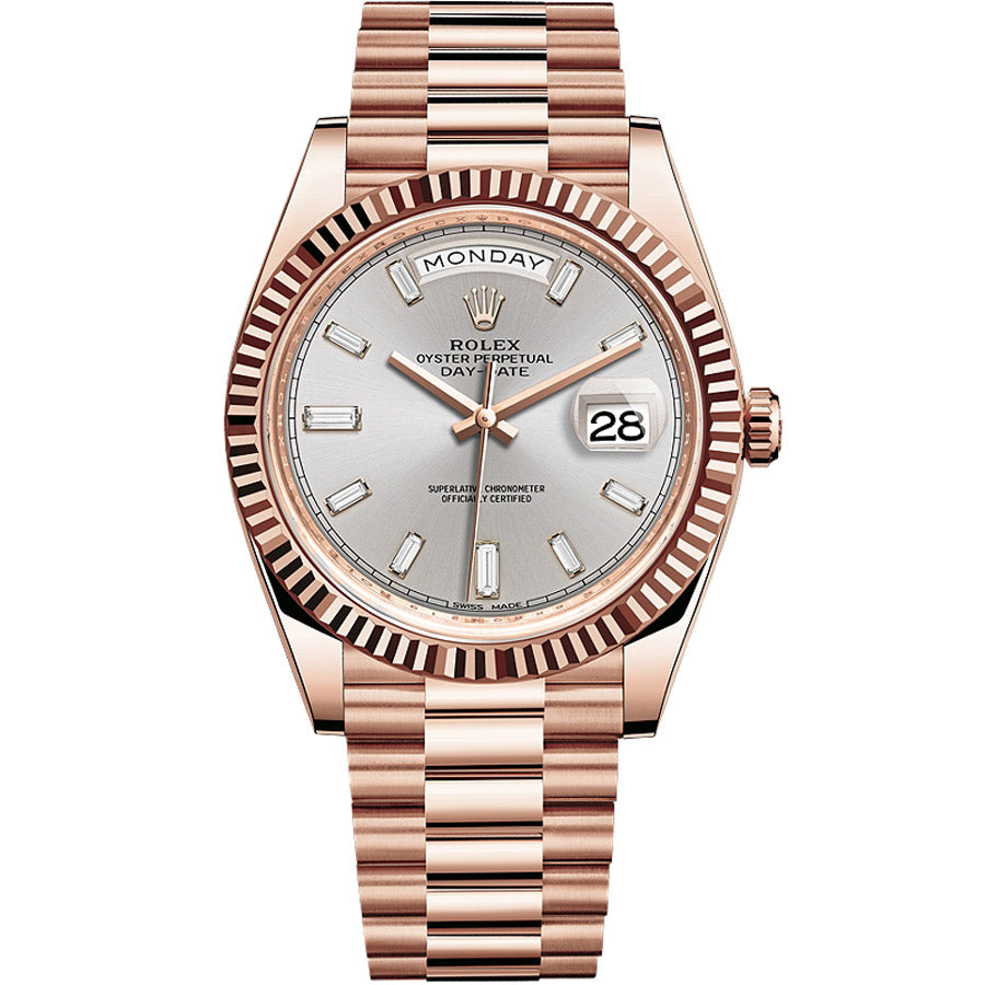 Rolex Day-Date 40 Presidential 228235 Fluted Bezel Baguette Diamond Sundust Dial