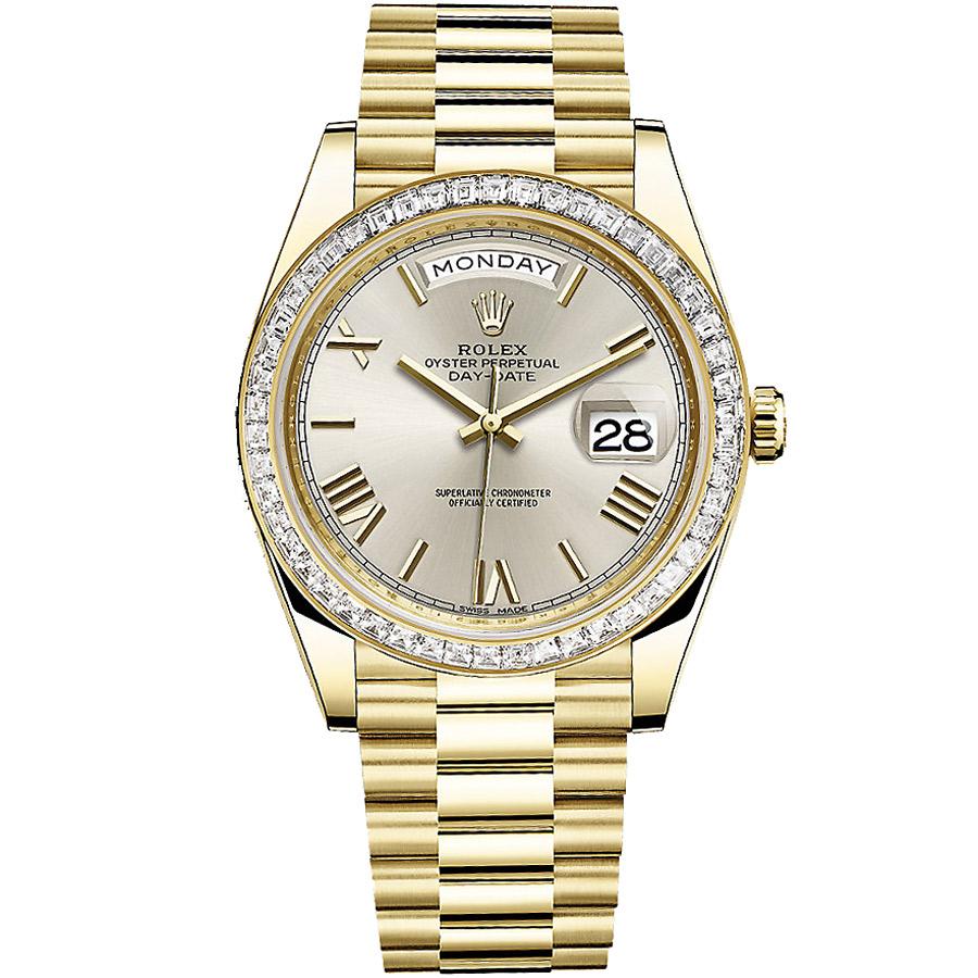 Rolex Day-Date 40 Presidential 228398 Baguette Diamond Bezel Silver Dial-First Class Timepieces