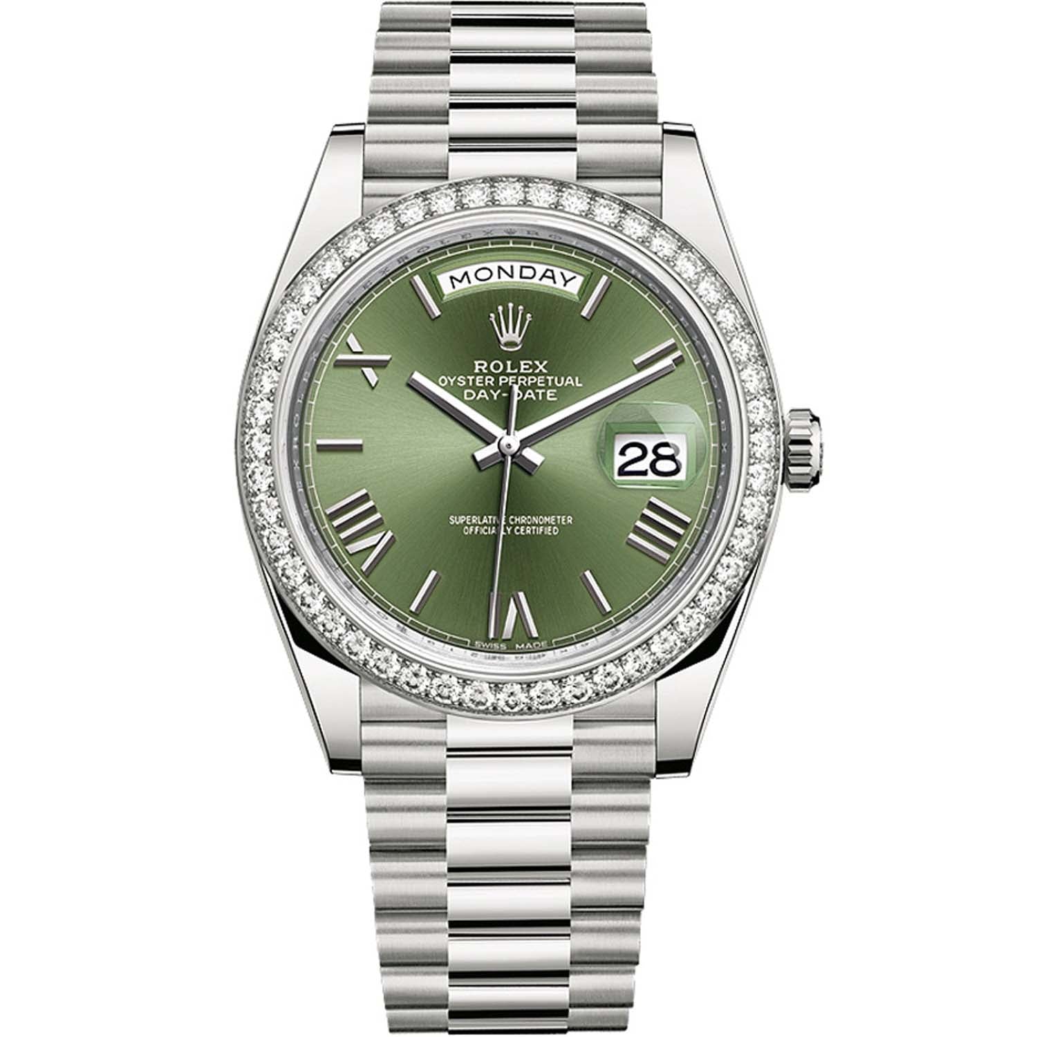 Rolex Day-Date 40 Presidential 228349RBR Diamond Bezel Olive Green Dial