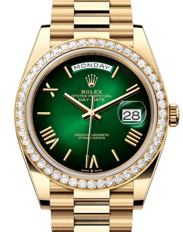 Rolex FRESH 2025 Day-Date 40 Green Ombré Roman Numeral Dial Diamond Bezel 228348RBR