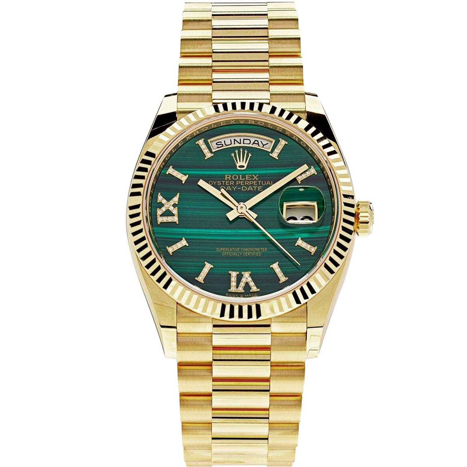 Rolex Day-Date 36 Yellow Gold Green Malachite Roman Diamond Dial 128238