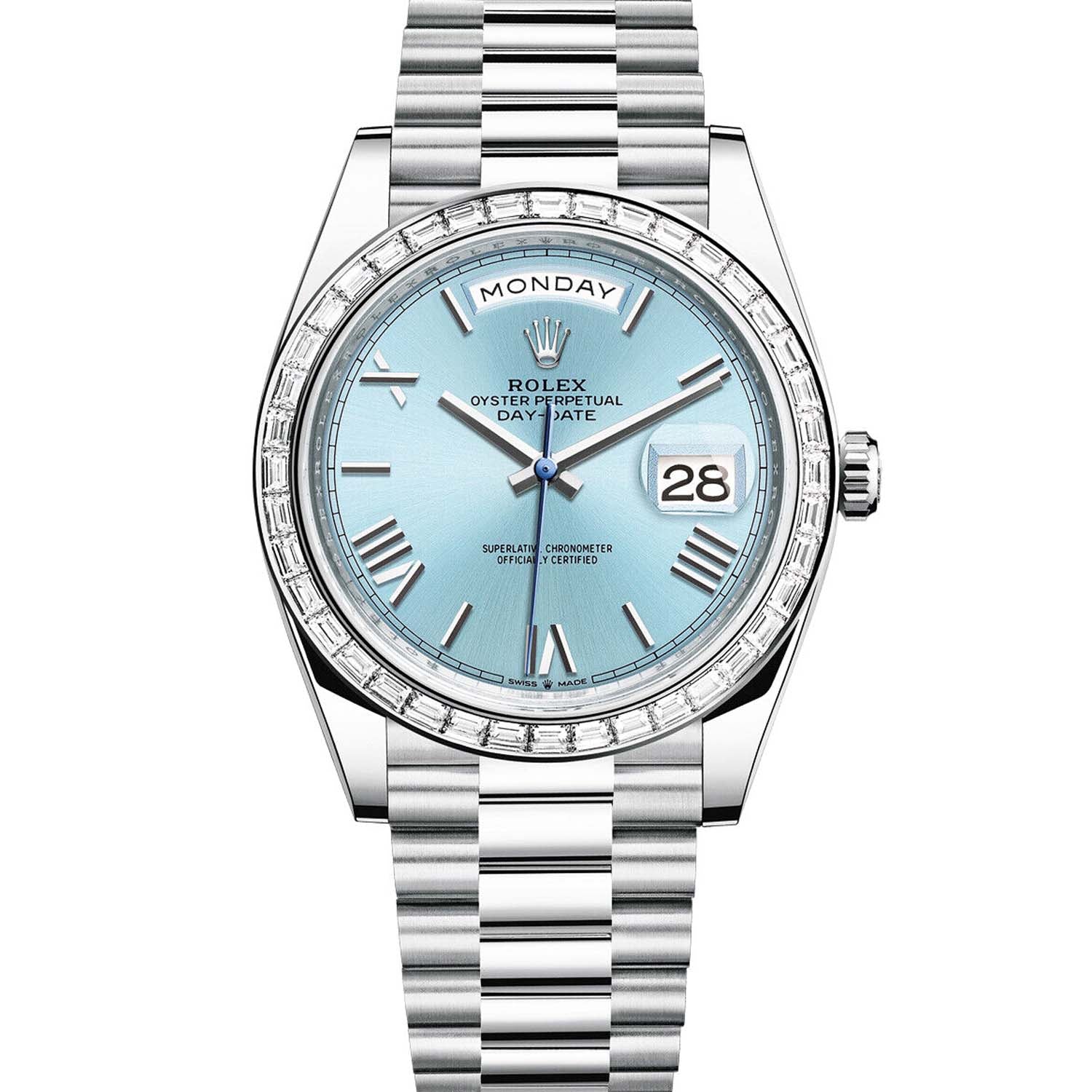 Rolex Day-Date 40 Platinum Diamond Bezel Ice Blue Roman Dial 228396TBR