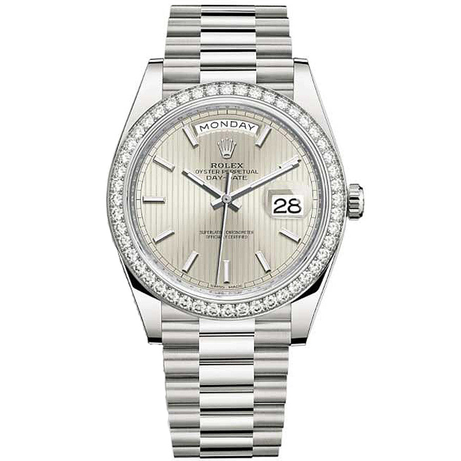 Rolex Day-Date 40 Presidential 228349 Diamond Bezel Silver Stripe Motif Dial