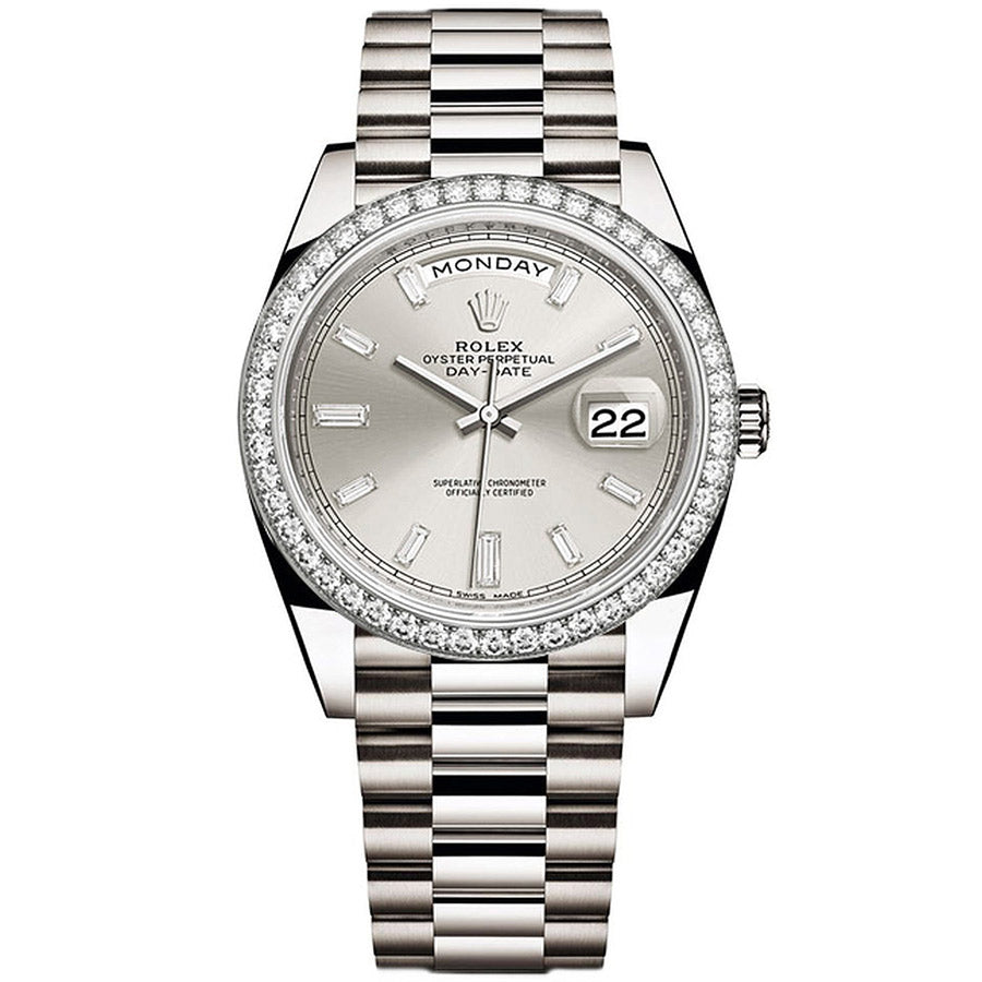 Rolex Day-Date 40 Presidential 228349 Diamond Bezel Baguette Diamond Silver Dial