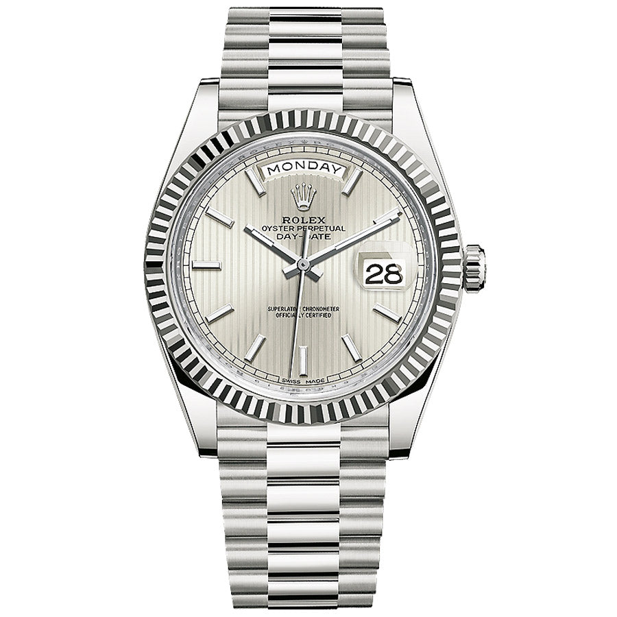 Rolex Day-Date 40 Presidential 228239 Fluted Bezel Silver Stripe Motif Dial